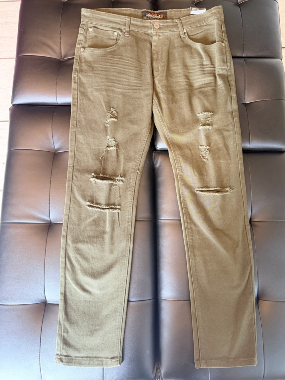 Men's Skinny Distressed Jeans in Olive Green - Unbranded
